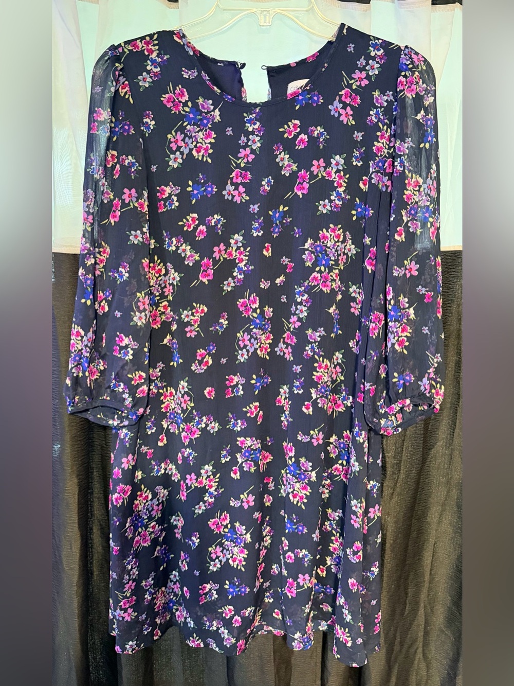 Preloved Calvin Klein Navy Dress with Pink & Purple Floral Accents